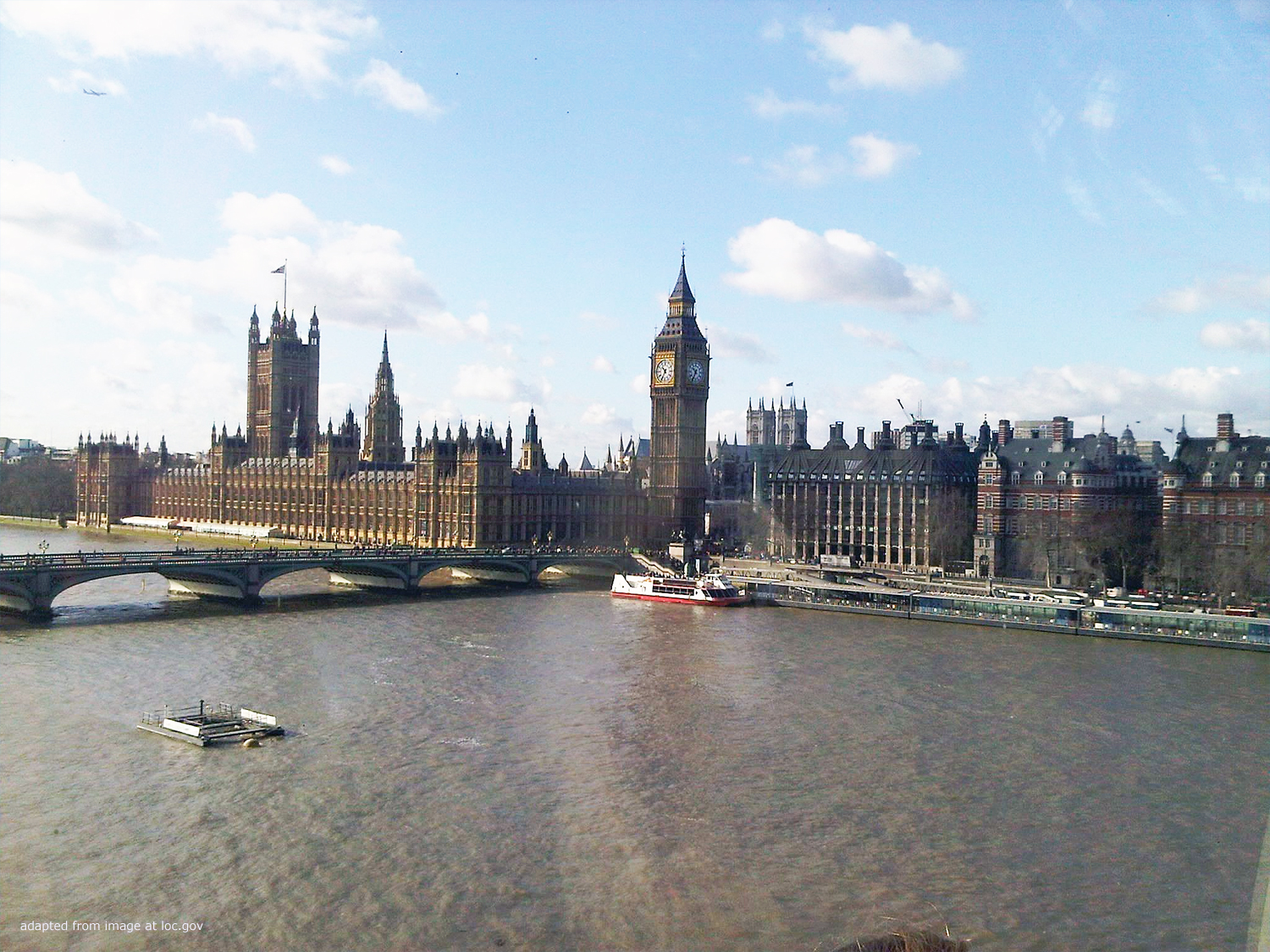 British Parliament, Big Ben, River Thames, Bridge file photo, adapted from image at loc.gov